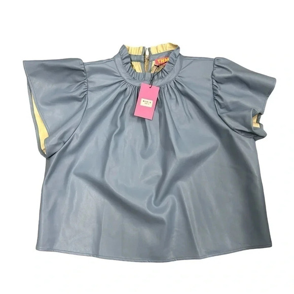 NWT THML Blue Faux‎ Leather Flutter Sleeve Top Womens XS Round Neckline - Picture 1 of 6